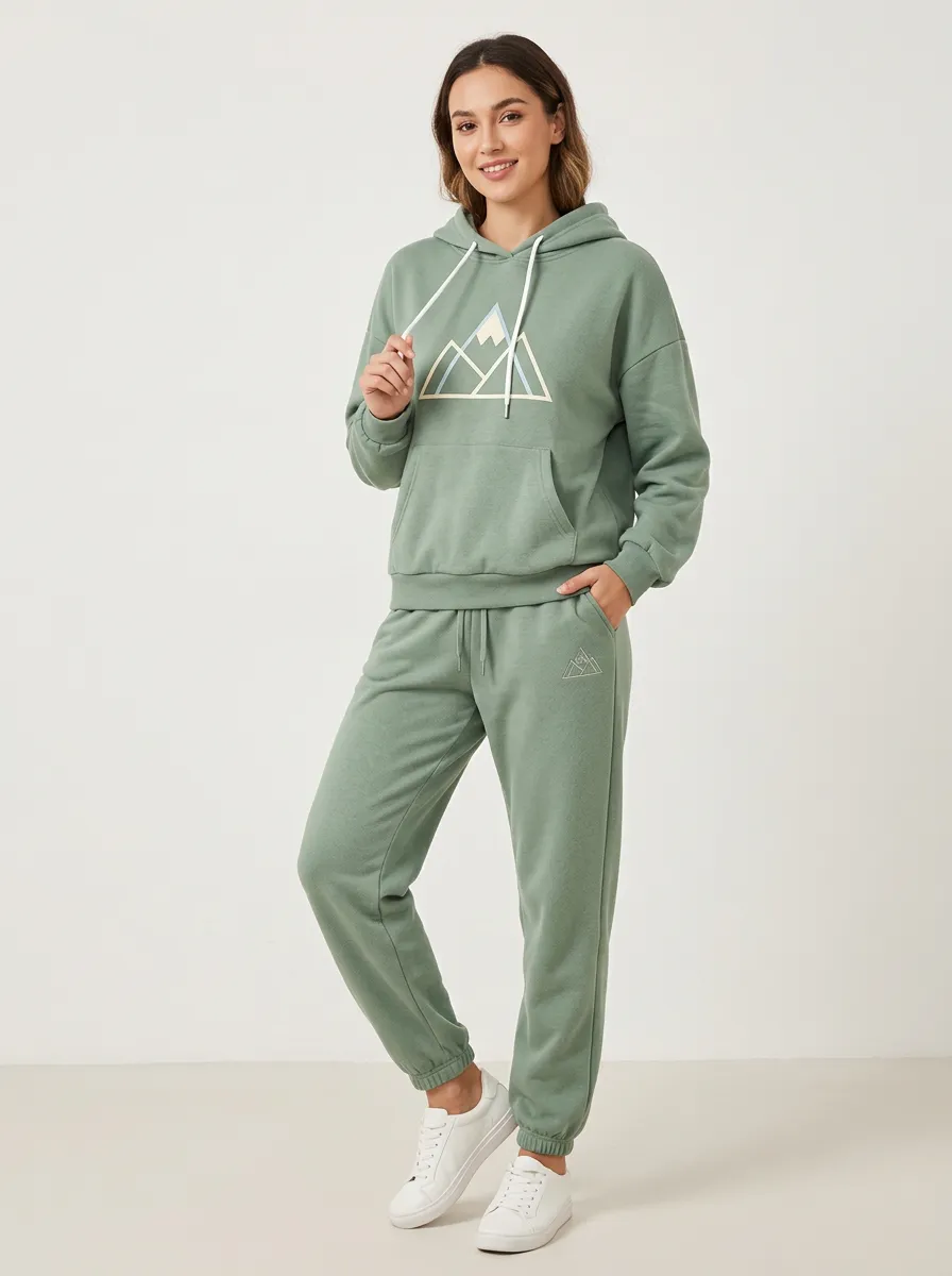Women's Mountain Geometric Sage Green Hoodie & Jogger Set