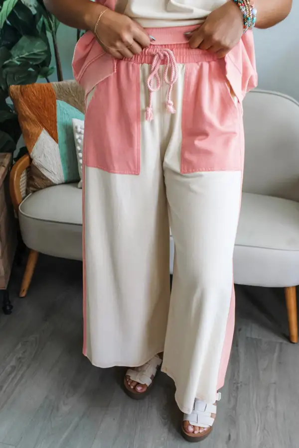 Women's Two-tone Color Block Patchwork Tee Drawstring Loose Pant Set