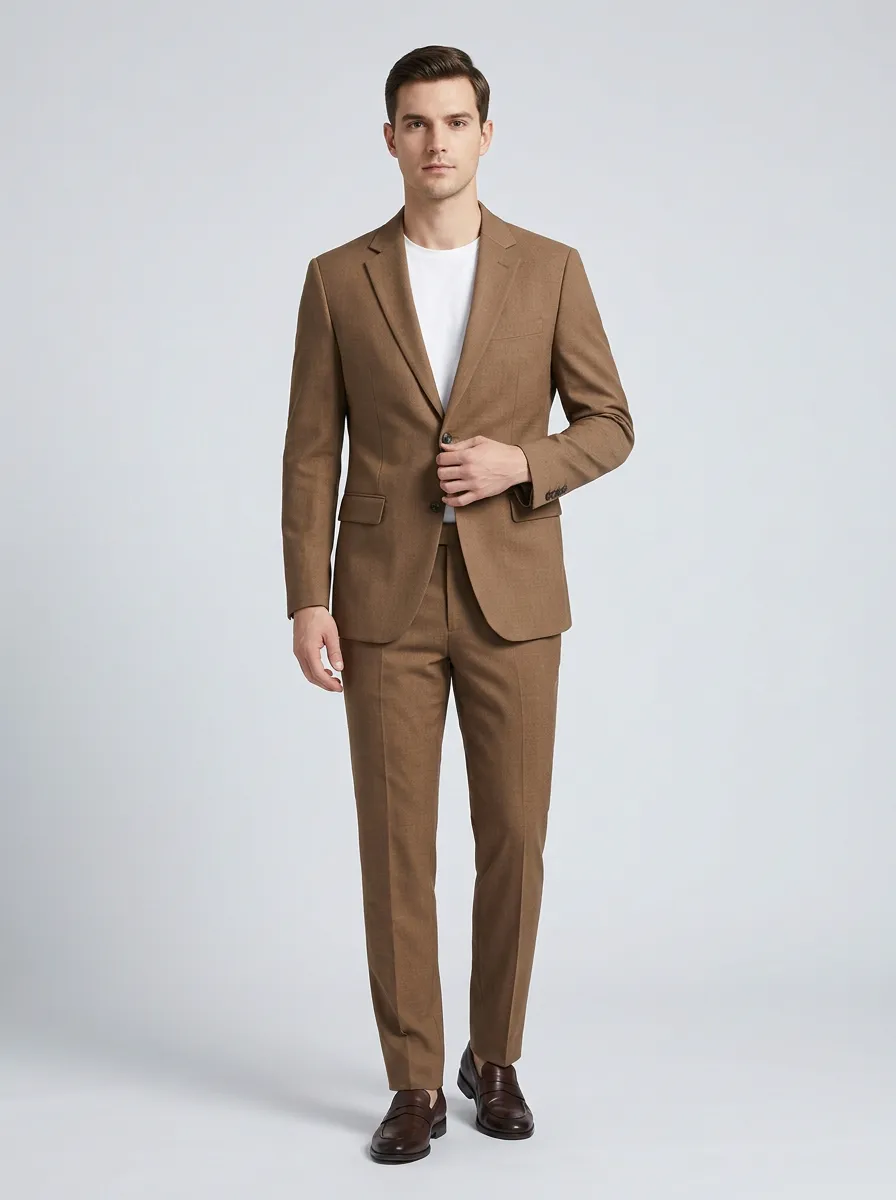 Men's Business Casual Brown Solid Color Slim Fit Suit Set