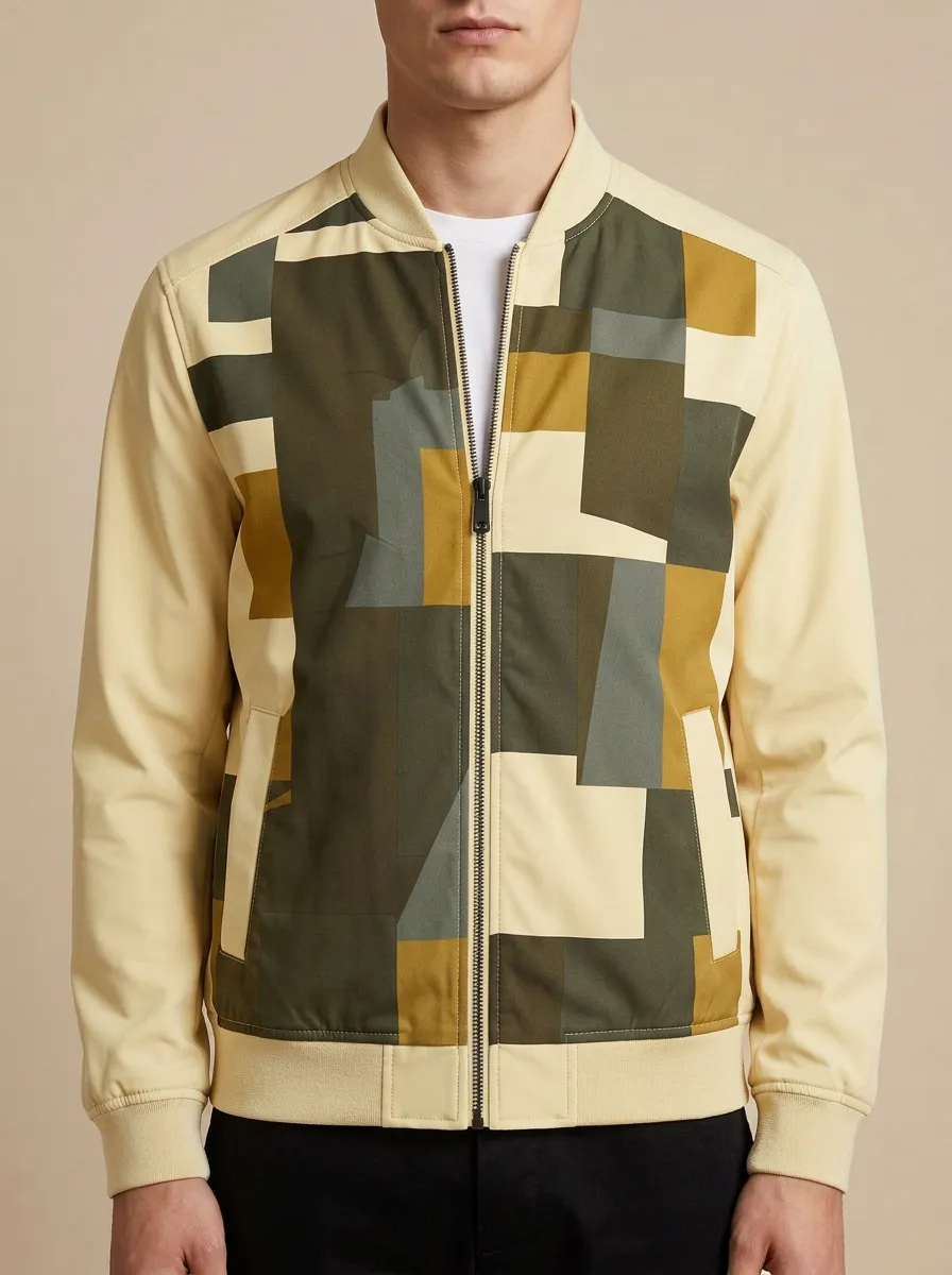 Geometric Print Ribbed Trim Panel Detail Bomber Jacket
