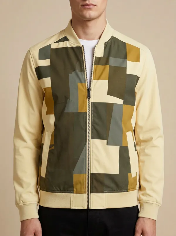 Geometric Print Ribbed Trim Panel Detail Bomber Jacket