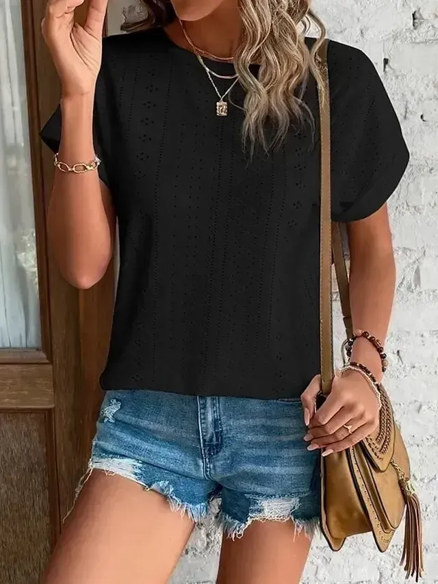 Women's T shirt Tee White Eyelet Tops Light Blue Black White Plain Cut Out Short Sleeve Daily Weekend Basic Round Neck Regular Cotton S