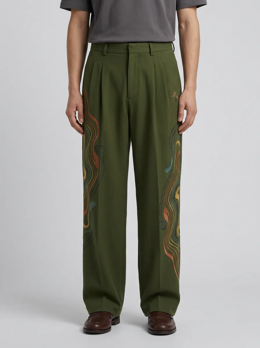 Men's Abstract Swirl Embroidered Wide Leg Trousers