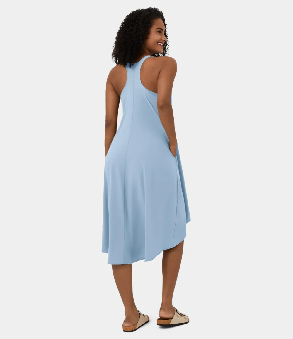 Breezeful Backless Racerback Side Pocket High Low Flowy Midi Quick Dry Casual Dress