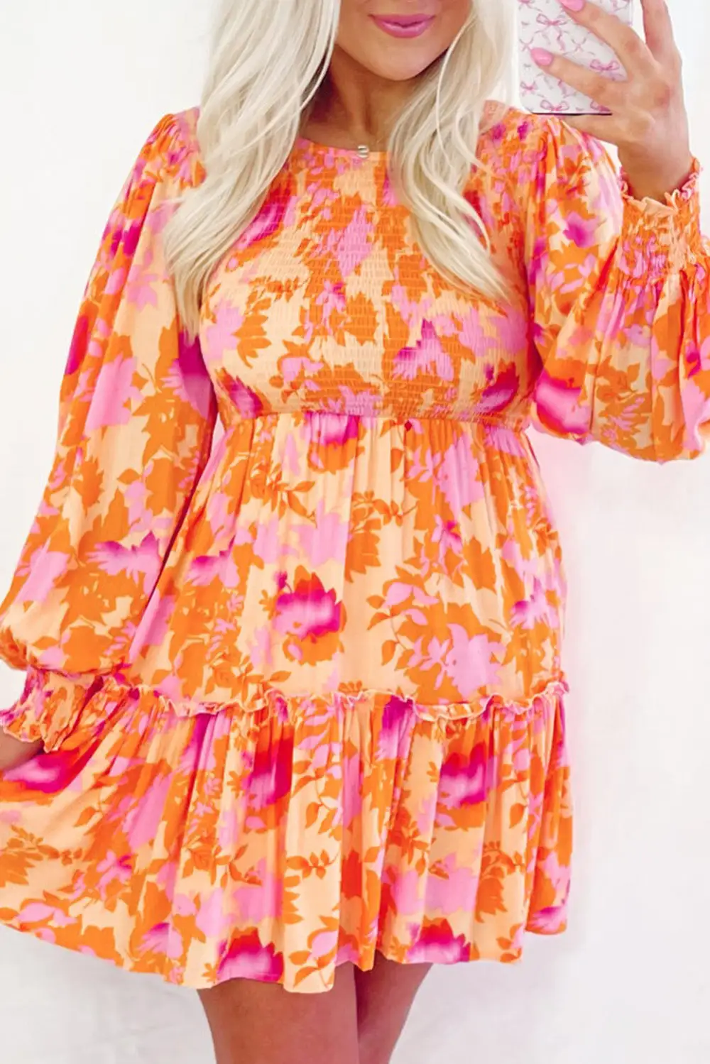 Abstract Print Ruffle Trim Smocked Mini Dress