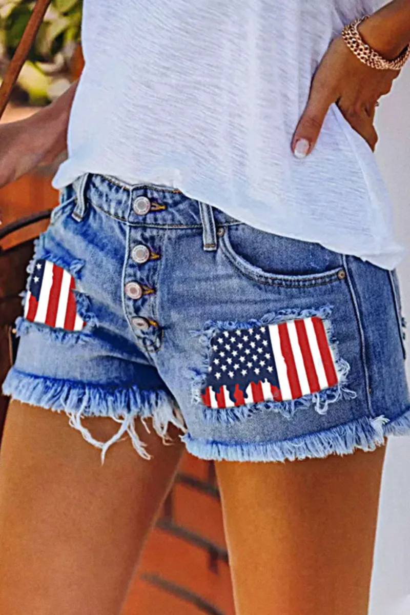 American Flag Pattern Button Fly Raw Hem Denim Shorts