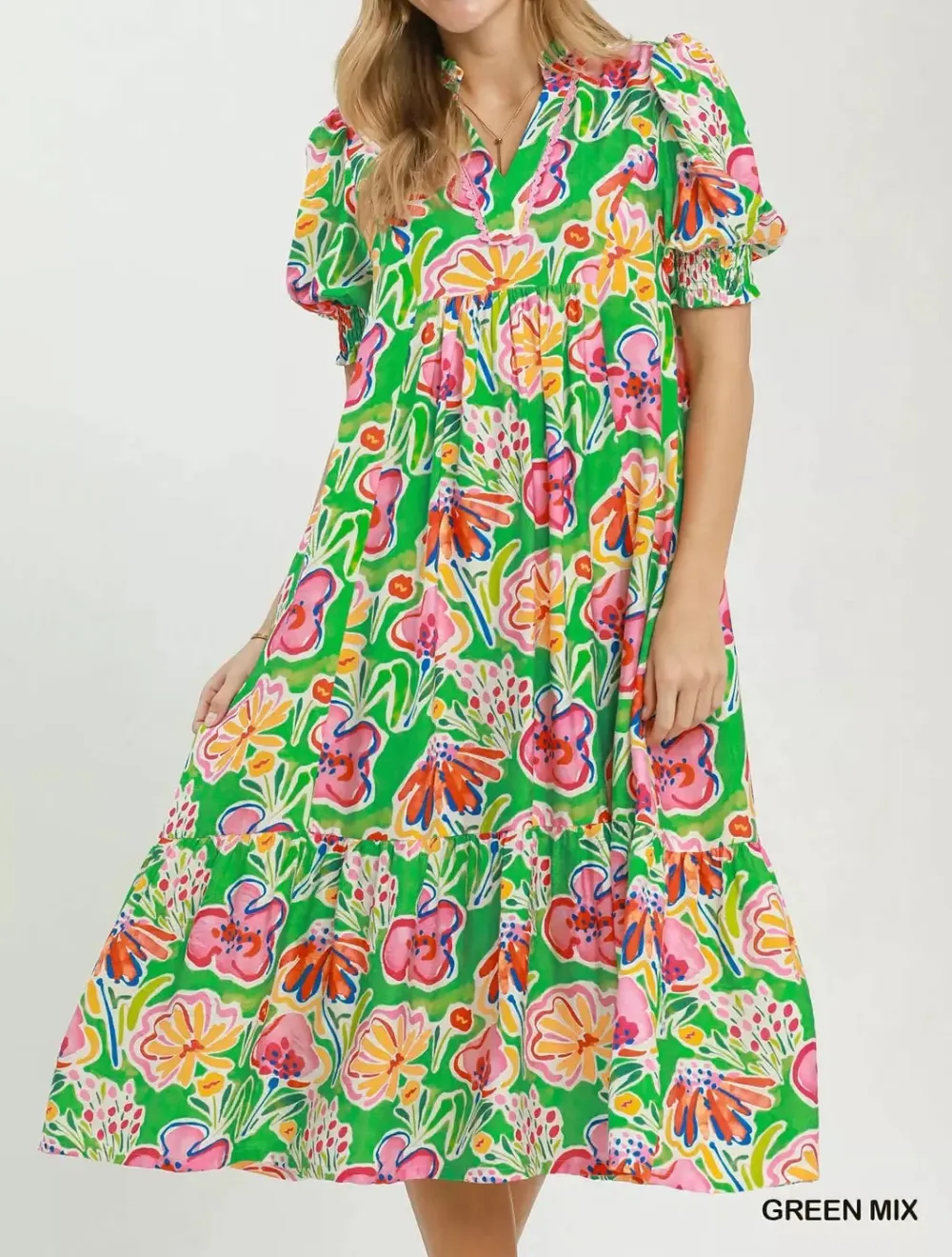 Puff Sleeve Tiered Midi Dress