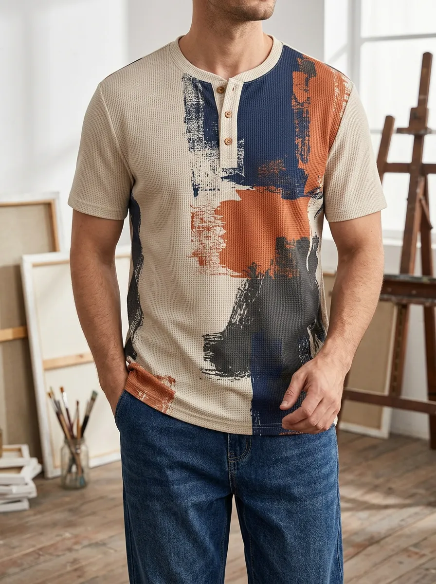 Men's Refined Abstract Brushstroke Waffle Henley T-Shirt