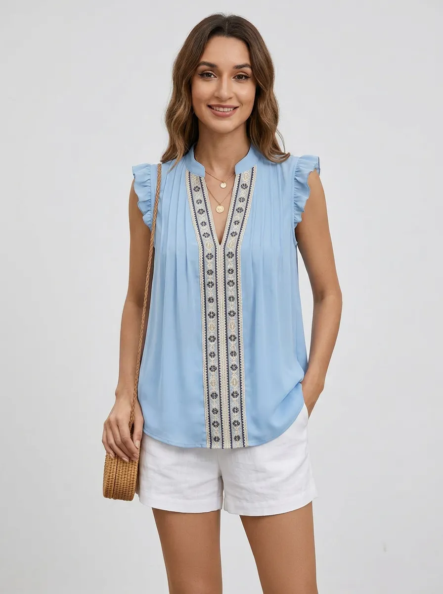 Boho Floral Embroidered Ruffle Sleeve Printed Top