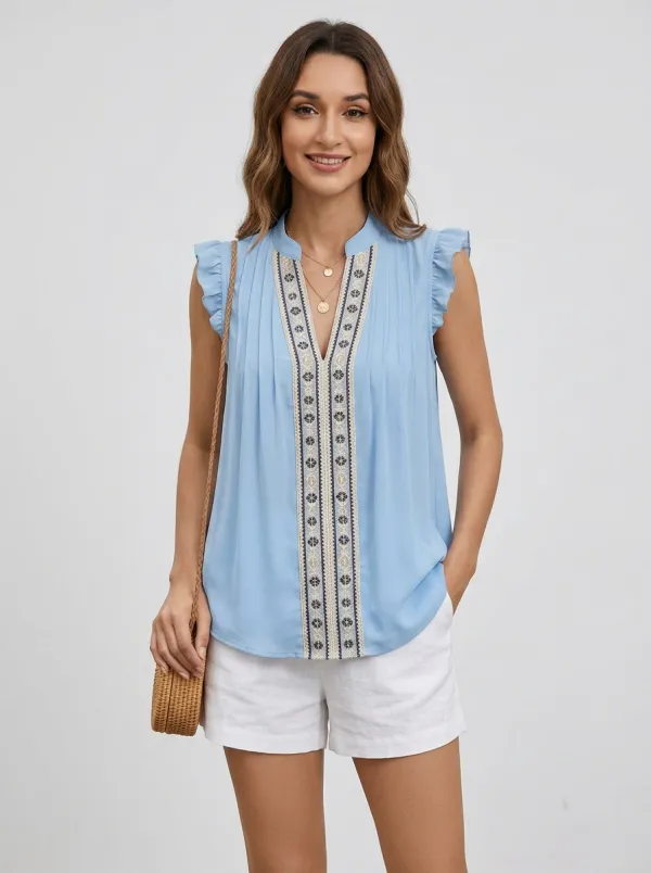 Boho Floral Embroidered Ruffle Sleeve Printed Top