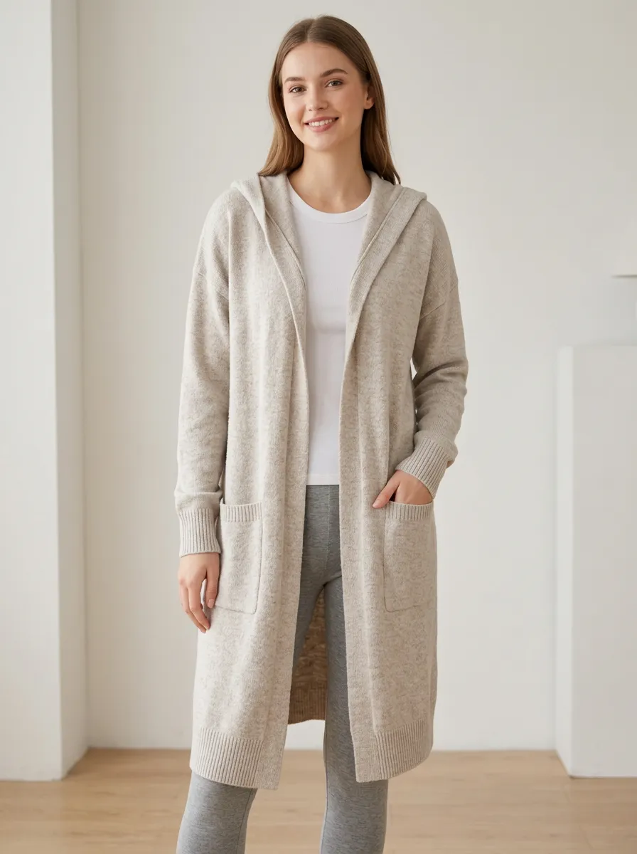Women's Hooded Open-Front Knit Cardigan Open-Front Longline