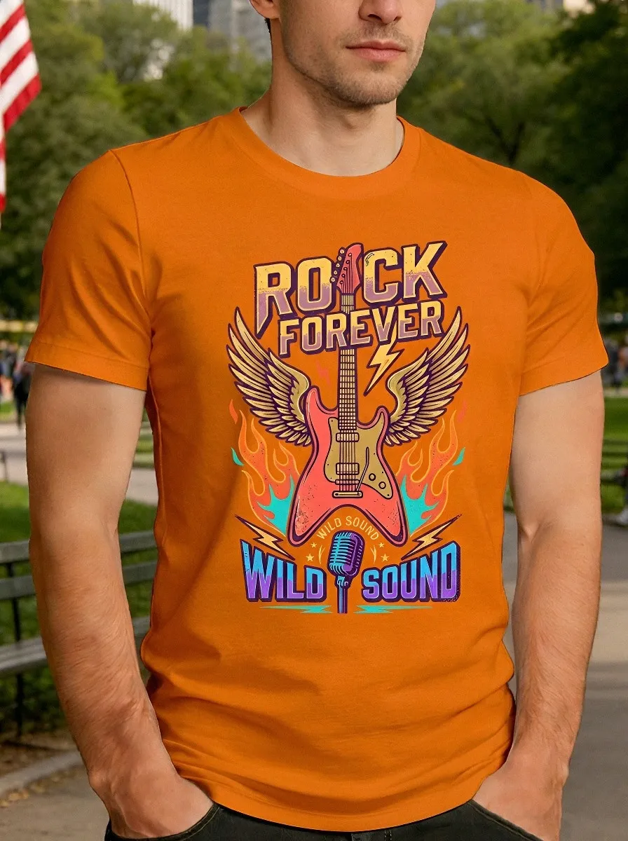 Men's Rock Music Lover Winged Guitar Flame Printed T-shirt