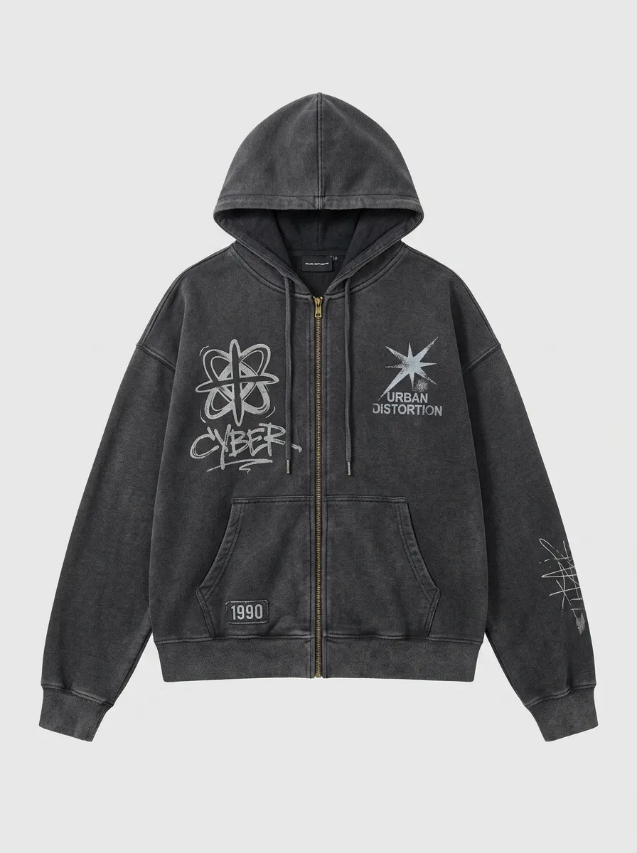 Unisex Streetwear Cyber Urban Distortion Graphic Printed Zip-up Hoodie