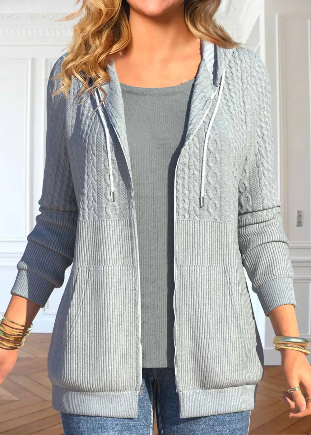 Light Grey Pocket Long Sleeve Hooded Jacket
