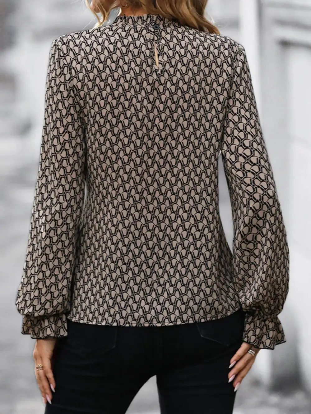 Tie-Waist Flounce-Sleeve Blouse
