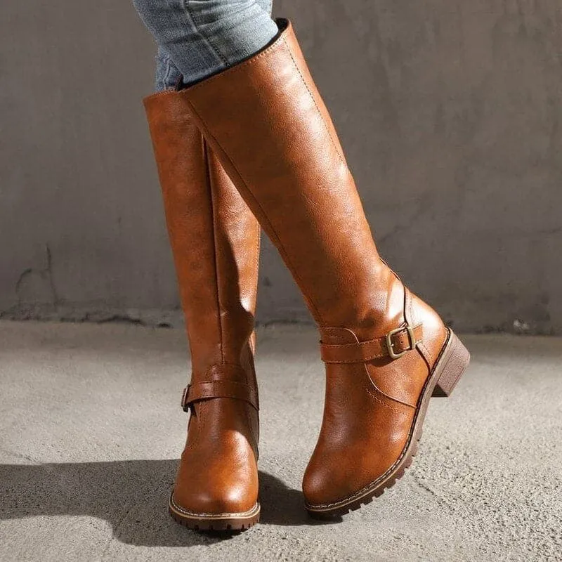 Leather Knee Tall Boots Warm Flat Buckle Riding Style Boots