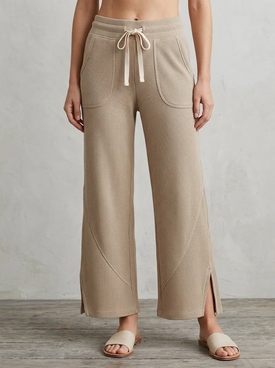 Women's Casual Lounge Waffle Knit Drawstring Split Hem Pants