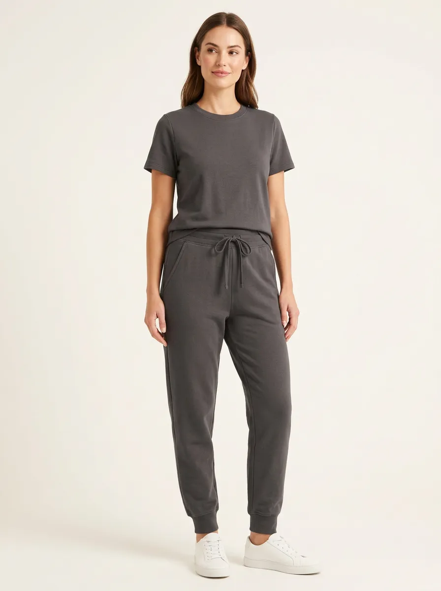 Women's Drawstring Slant-Pocket Crewneck T-Shirt and Joggers Set