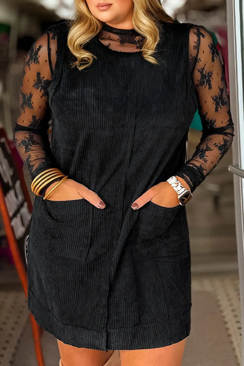 Women's Corduroy Sleeveless Pocket Mini Dress