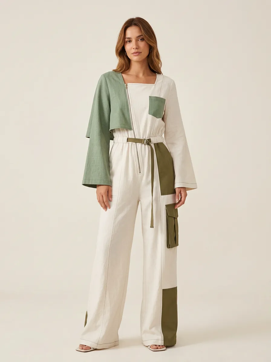 Women's Casual Sage Green Patchwork Colorblock Cargo Jumpsuit