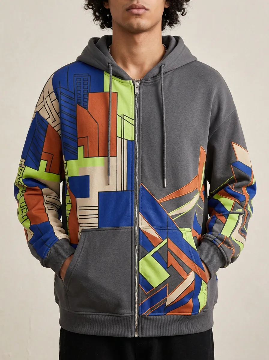 Men's Urban Abstract Cityscape Geometric Printed Zip Up Hoodie