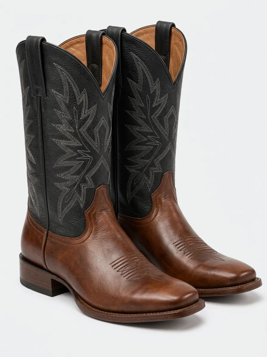 Men's Contrasting Tone Leather Cowboy Boots with Embroidery