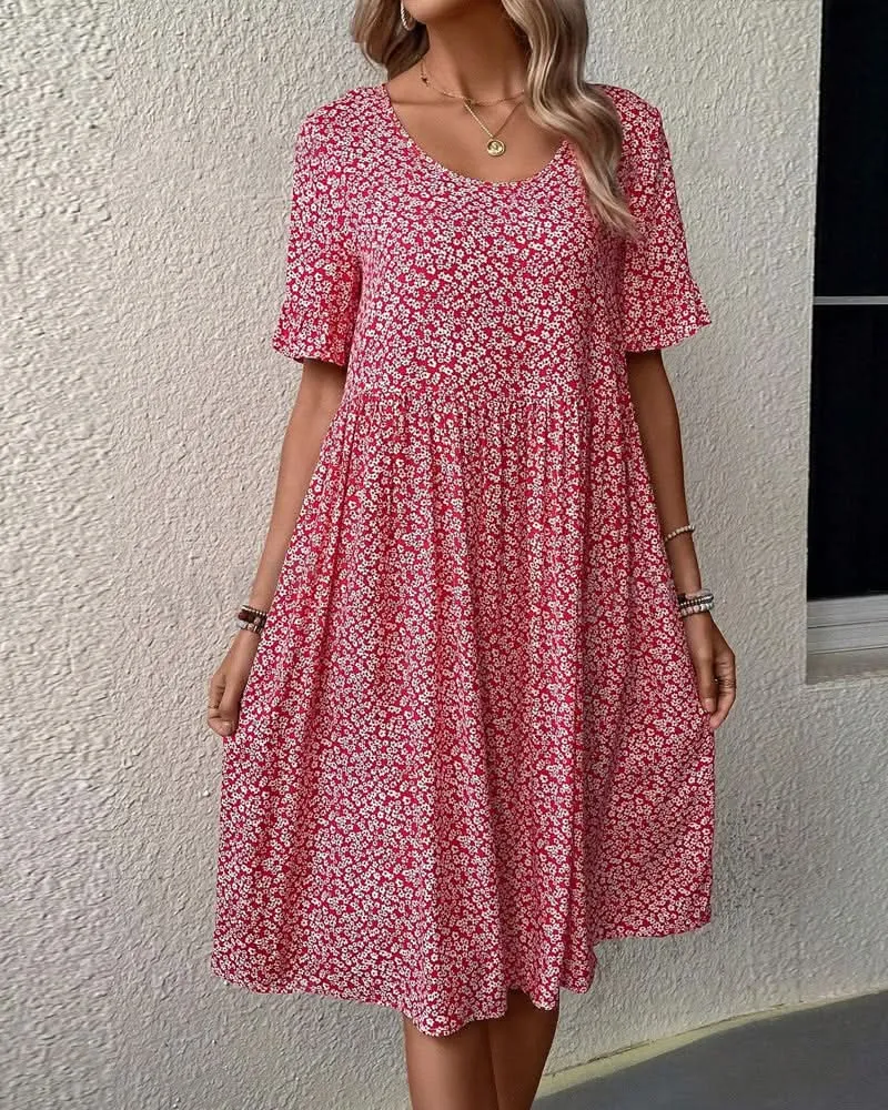  Casual Ditsy Floral Smock Midi Dress