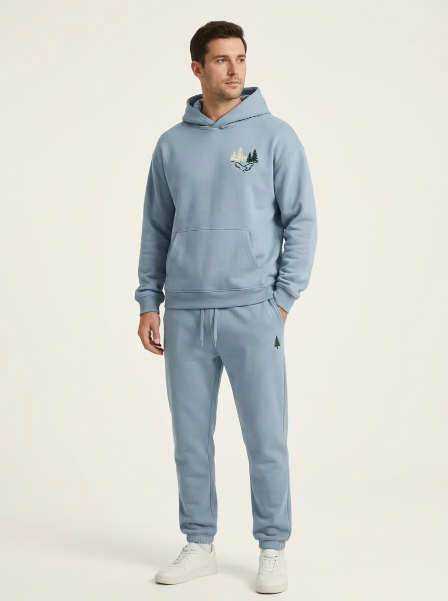 Men's Pine Forest Embroidered Crossover-Hood Jogger Set