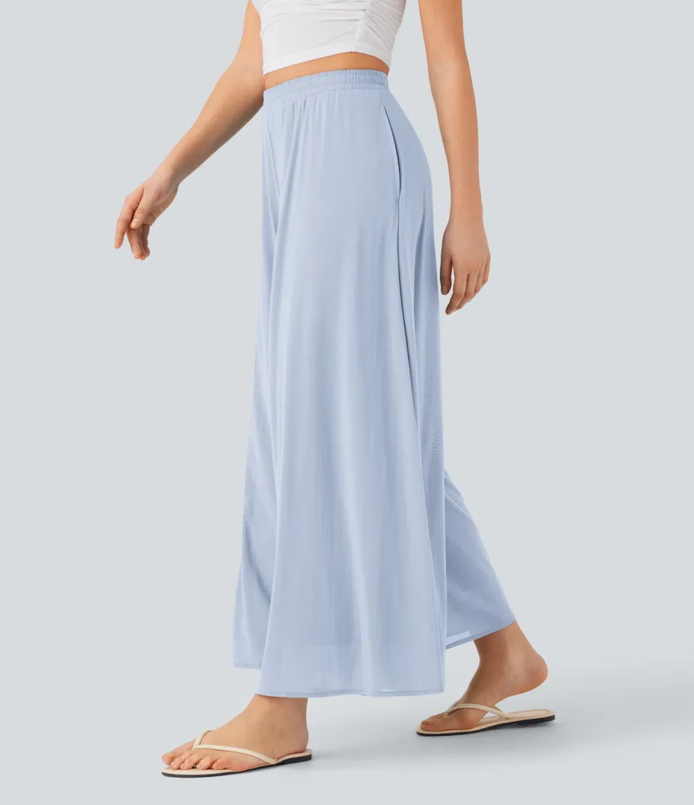 High Waisted Pocket Mesh Overlay Wide Leg Casual Pants