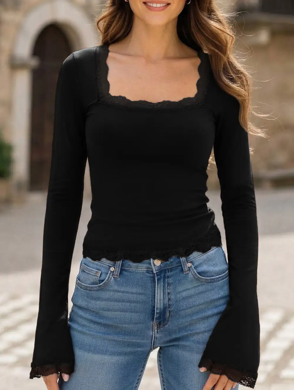 Lace Trim Long Sleeve Slim Top