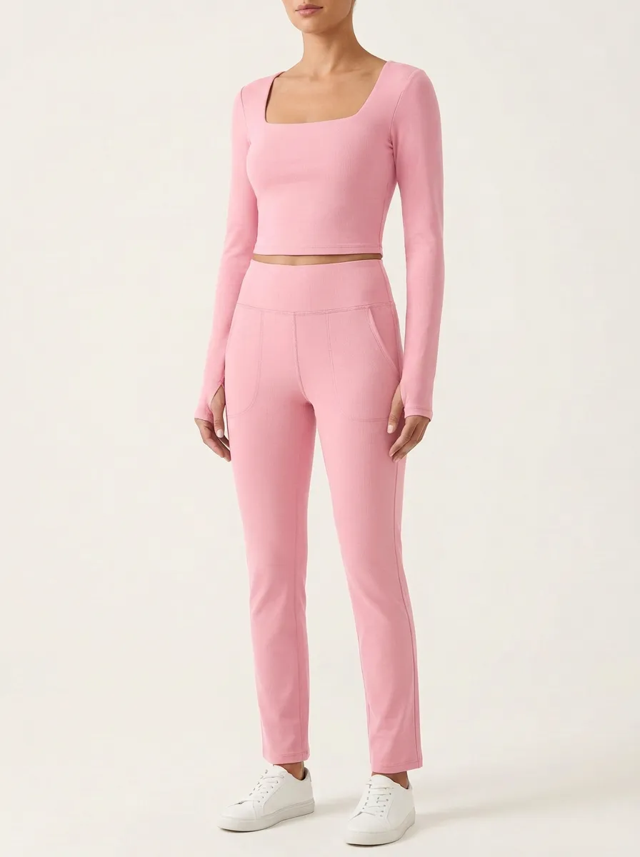 Women's Square-Neck Thumbhole Crop Top and Side-Pocket Straight-Leg Trouser Set