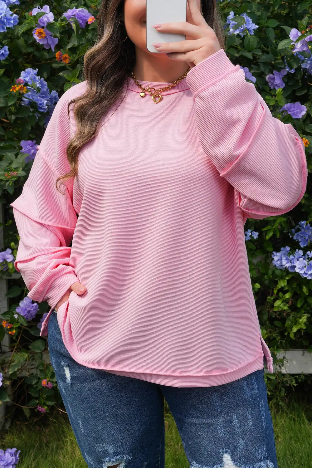 Women's Ribbed Long Sleeve Drop Shoulder Top