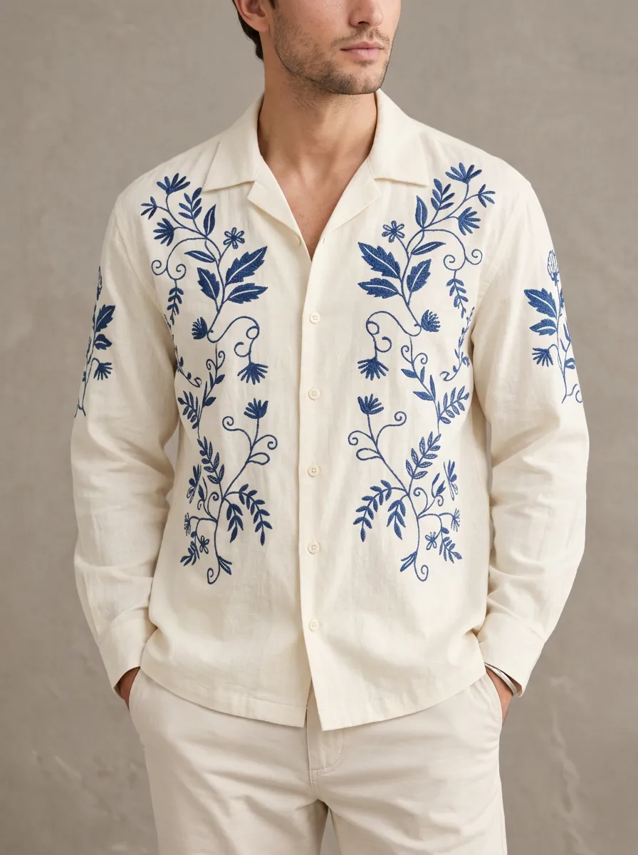 Men's Floral Embroidered Contemporary Shirt