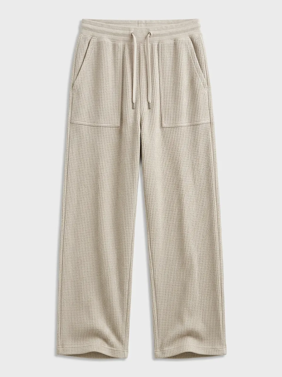 Casual Loungewear Beige Waffle Knit Drawstring Jogger Pants for Unisex Wear