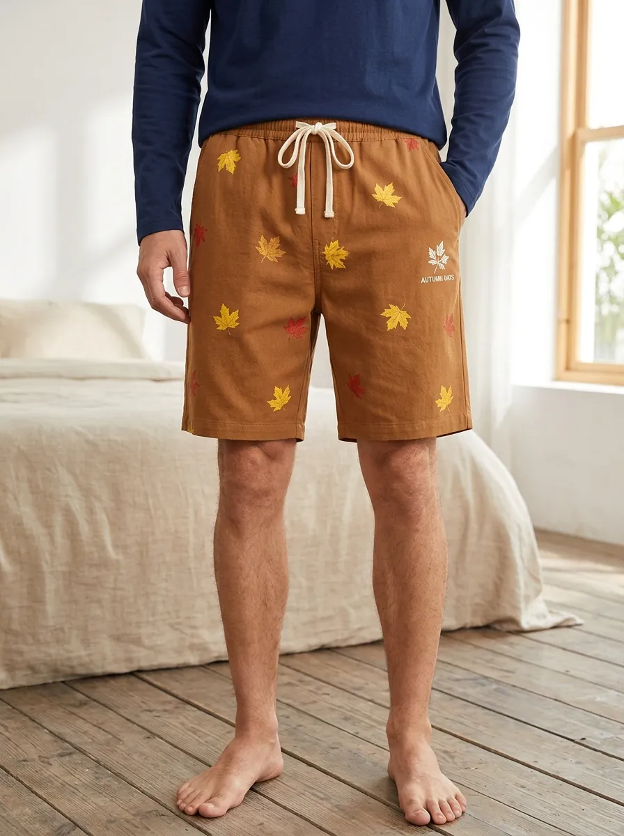 Maple Leaf Print Drawstring Adorned Shorts