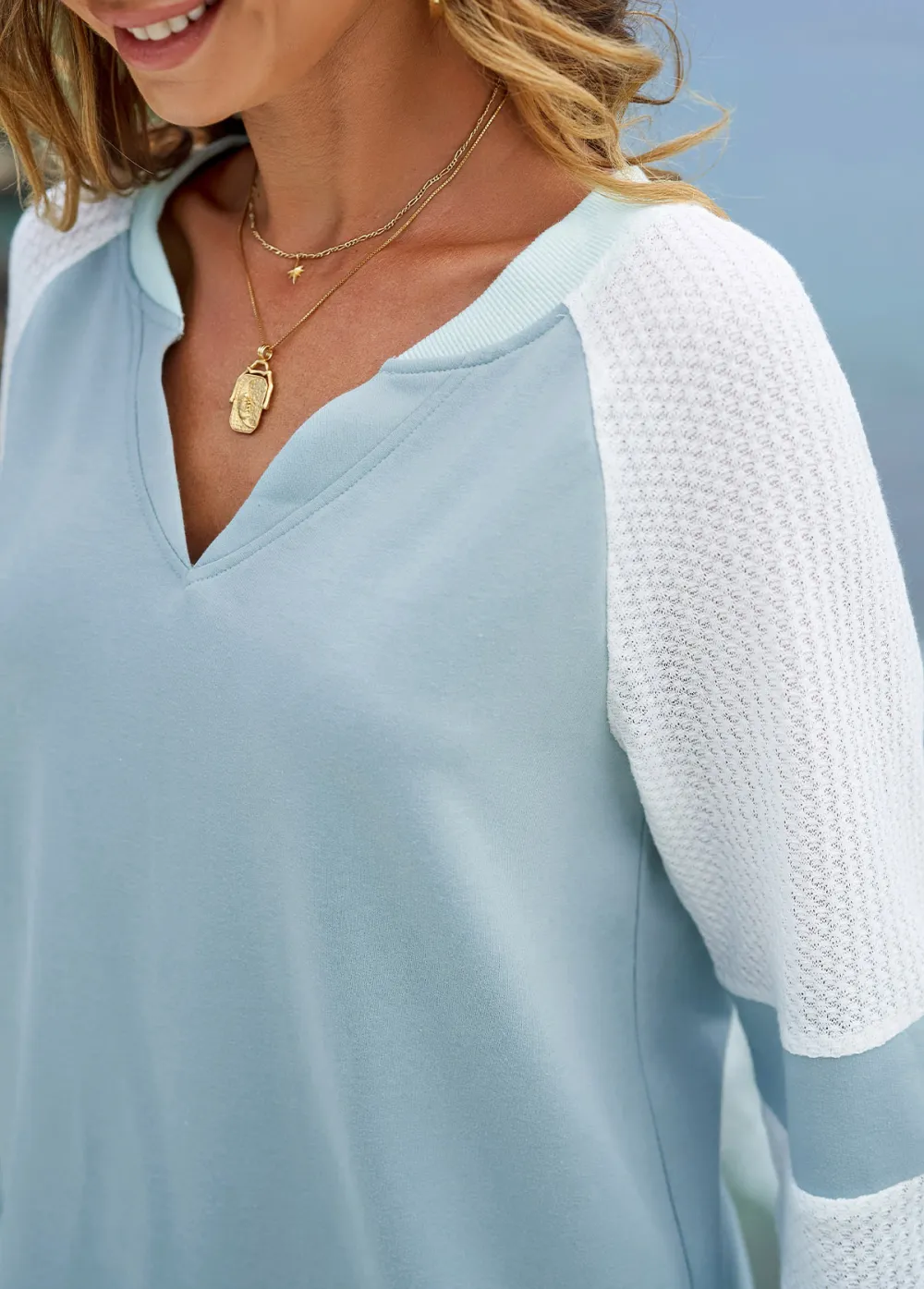Long Sleeve Split Neck Contrast Sweatshirt