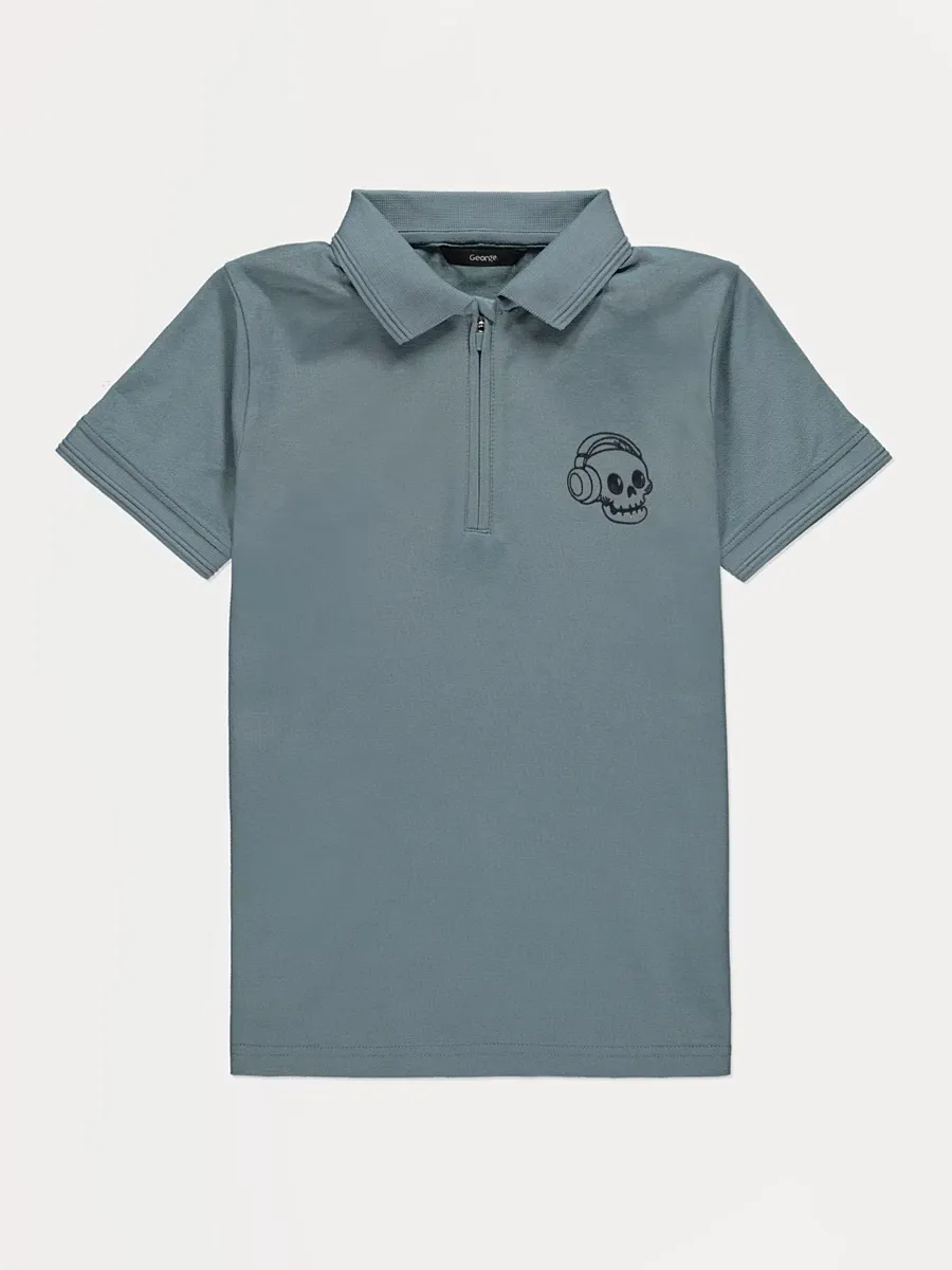 Green Skull Print Polo Shirt