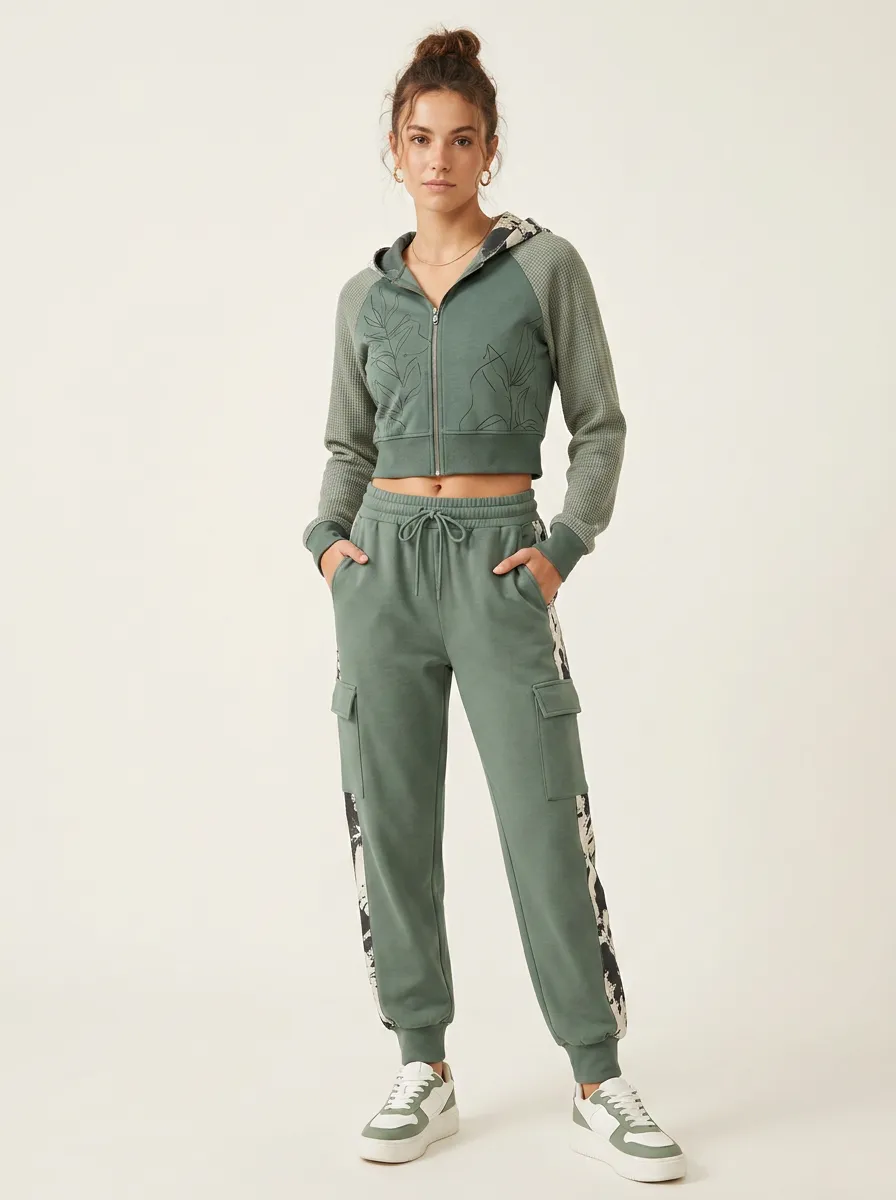 Women's Sage Green Botanical Leaf Printed Waffle Knit Tracksuit