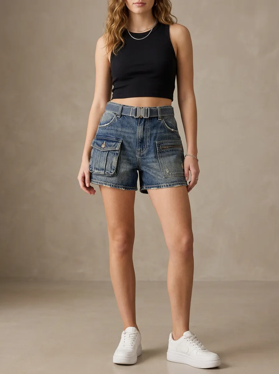 Women's Streetwear Mid-Rise Raw-Hem Five-Pocket Denim Cargo Shorts