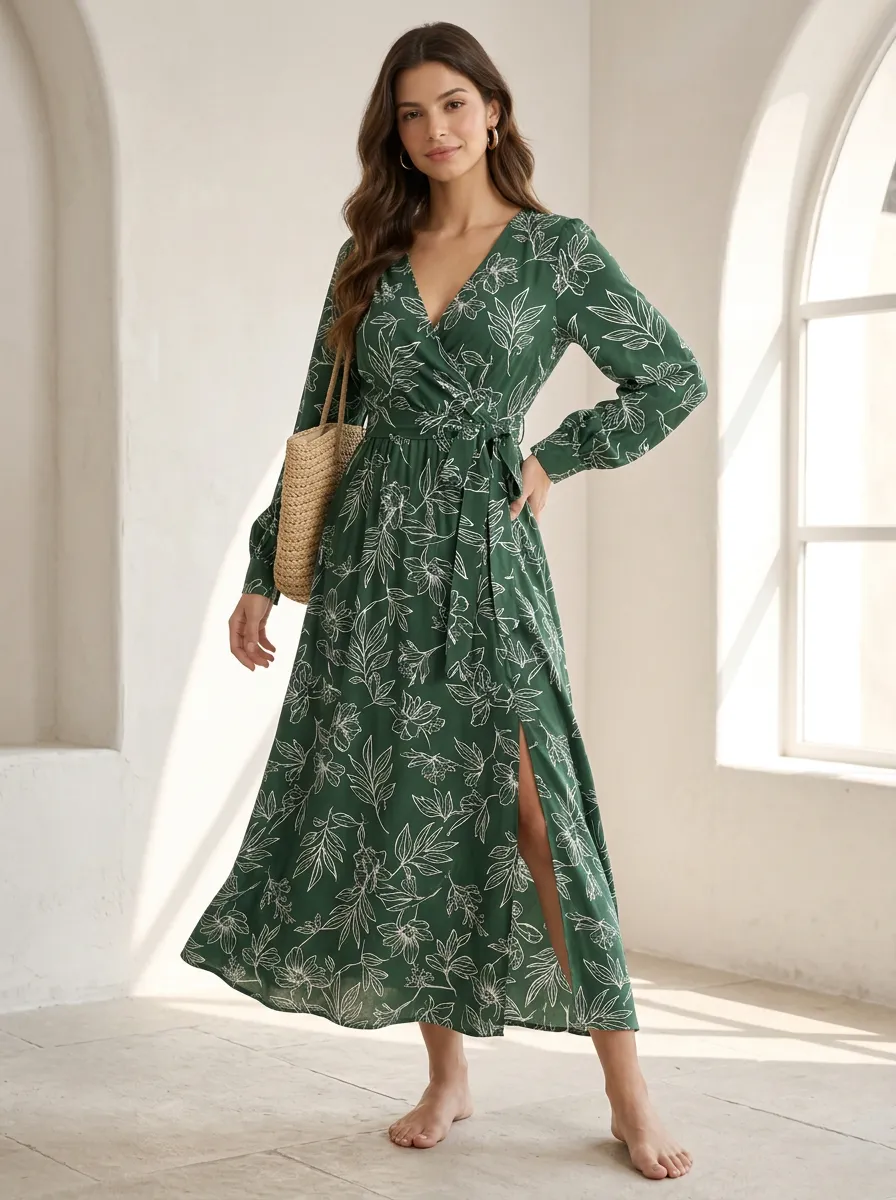Women's Elegant Casual Botanical Floral Wrap Printed Dress
