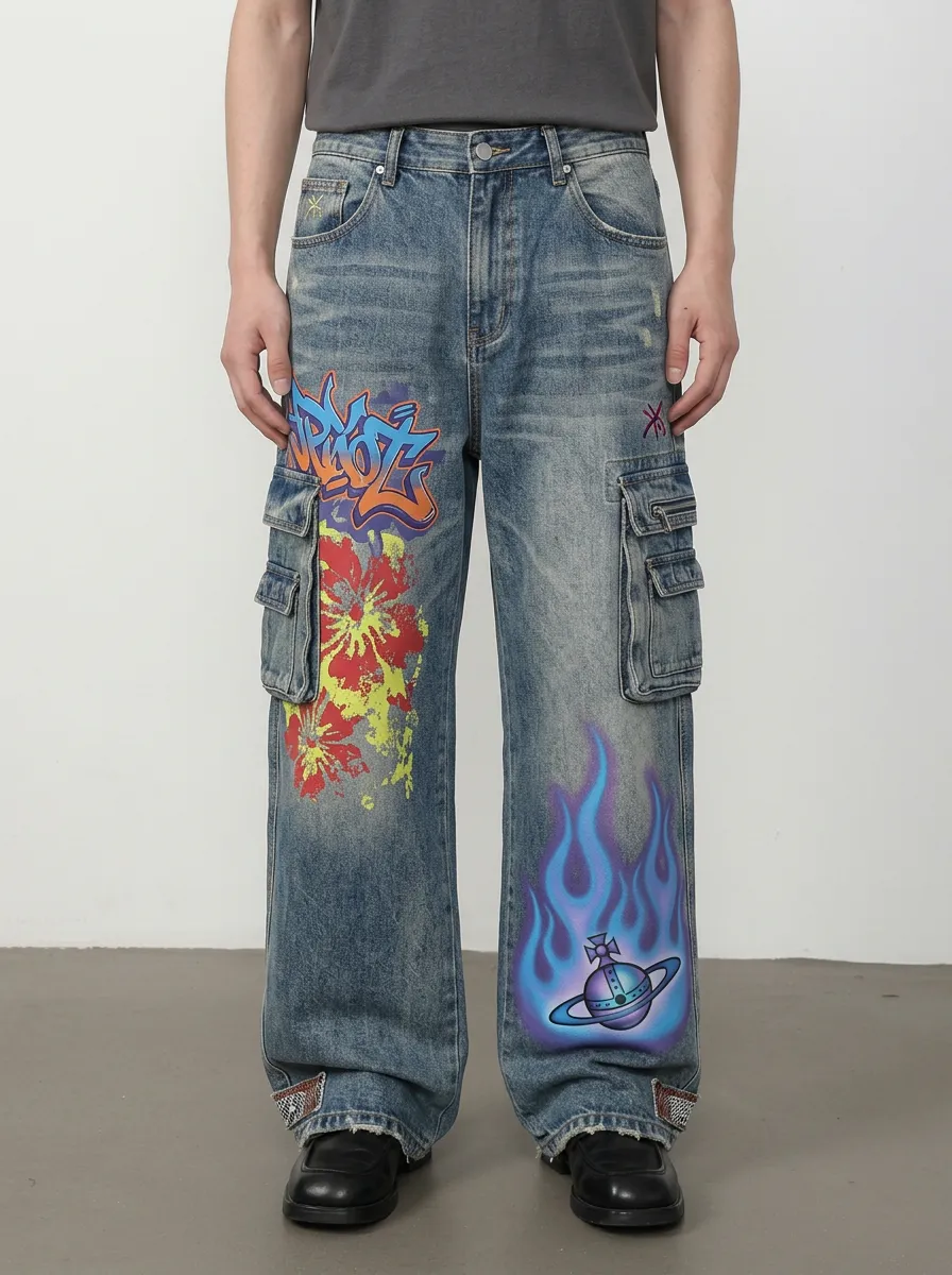 Men's Streetwear Graffiti Flame Planet Graphic Cargo Jeans