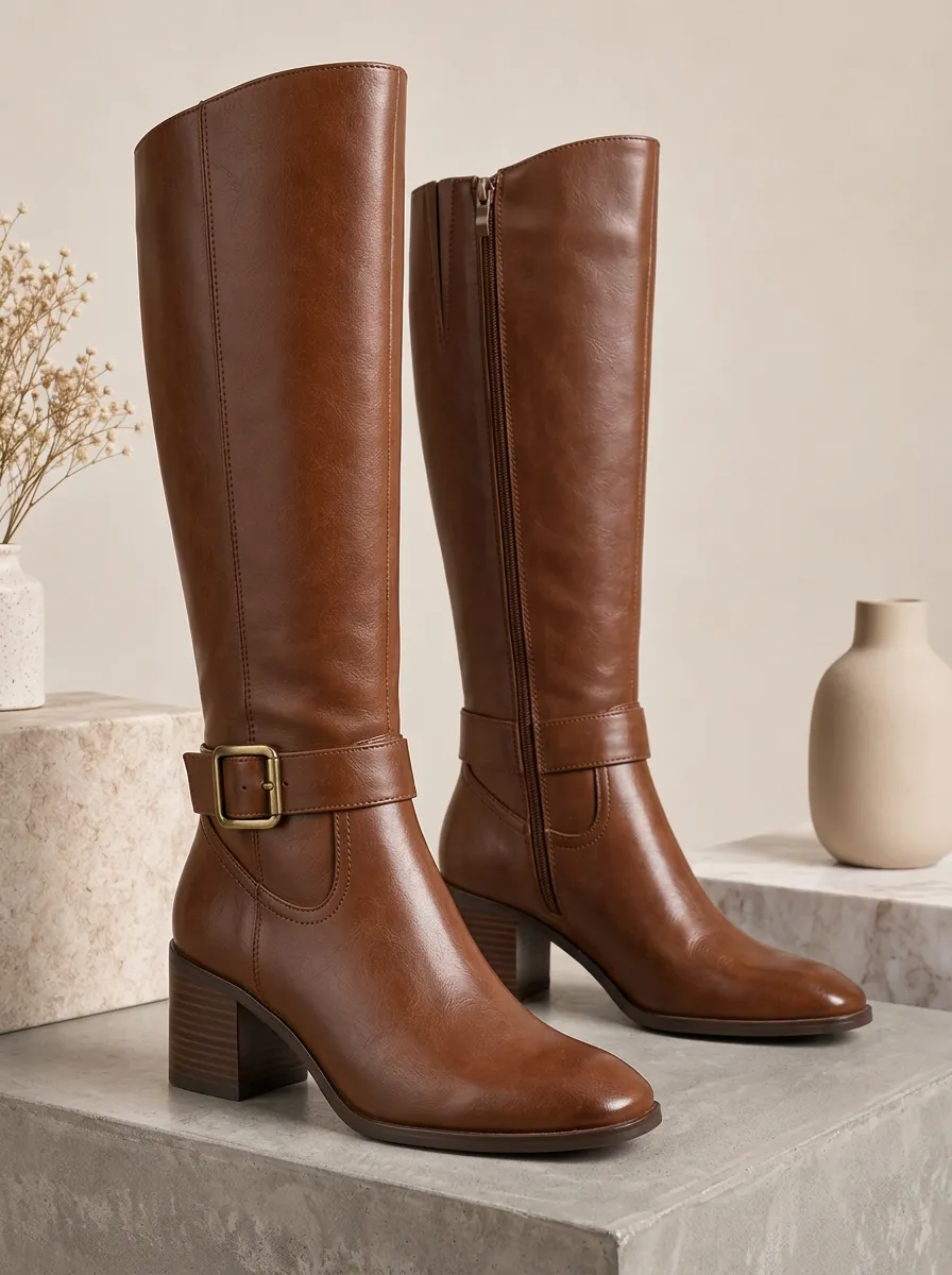 Women's Buckle Strap Faux Leather Rugged Knee High Boots