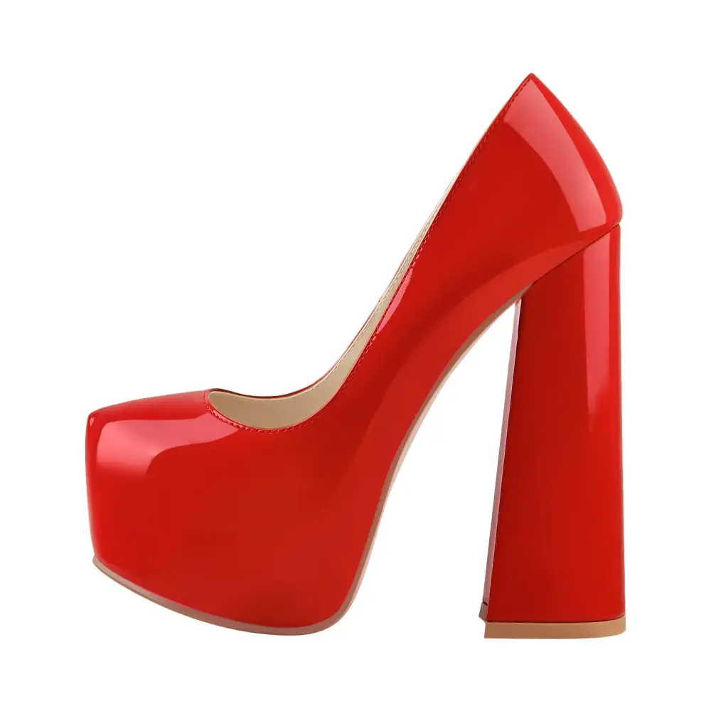 Sleek Patent Finish Pointed Toe Platform Chunky Heel Pumps