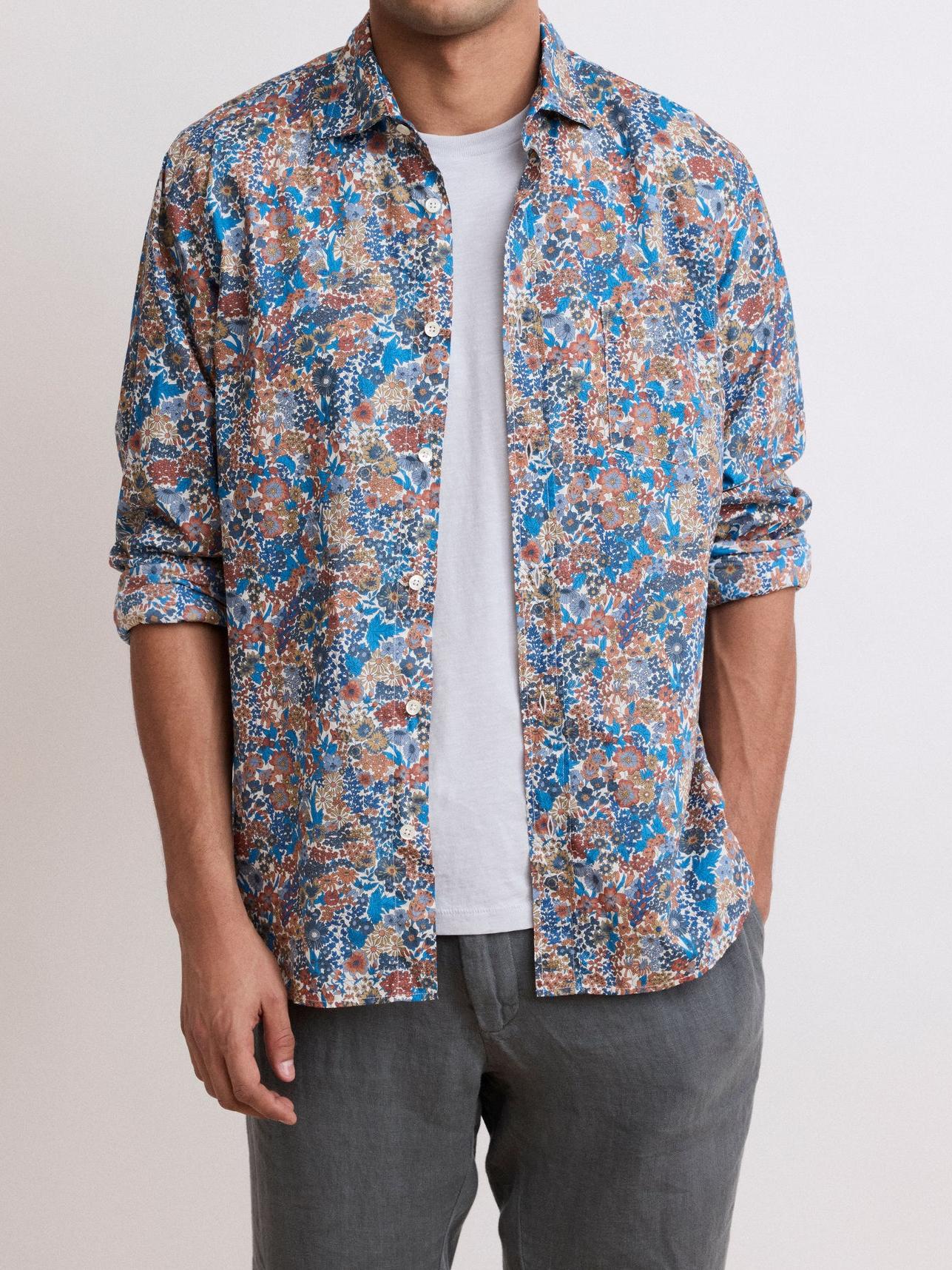 Soft And Comfortable Simple Blue Plant Print Shirt