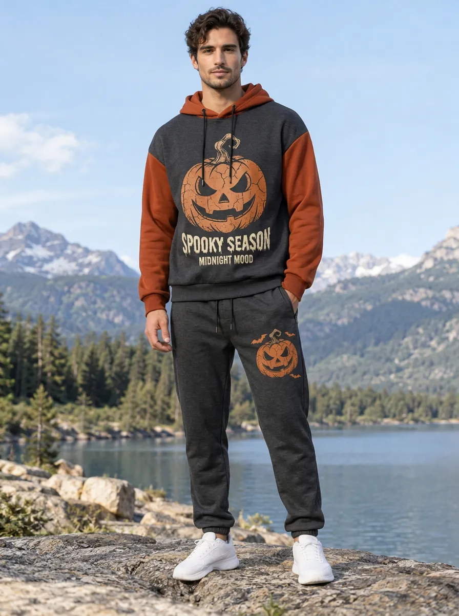 Men's Halloween Charcoal Rust Spooky Season Pumpkin Contrast-Hood Hoodie Jogger Set