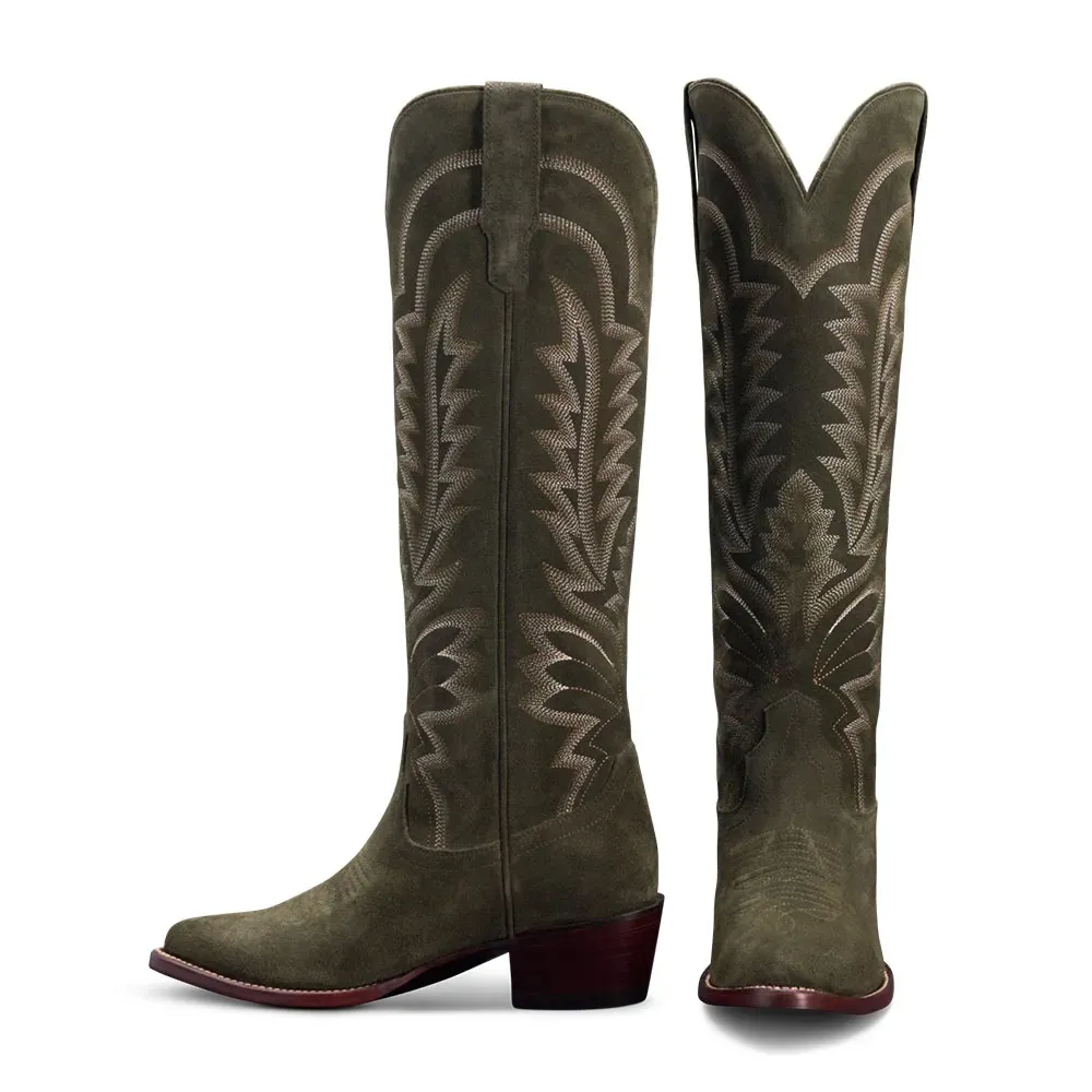 Faux-Suede Embroidered Pointed-Toe Chunky-Heel Knee-High Boots