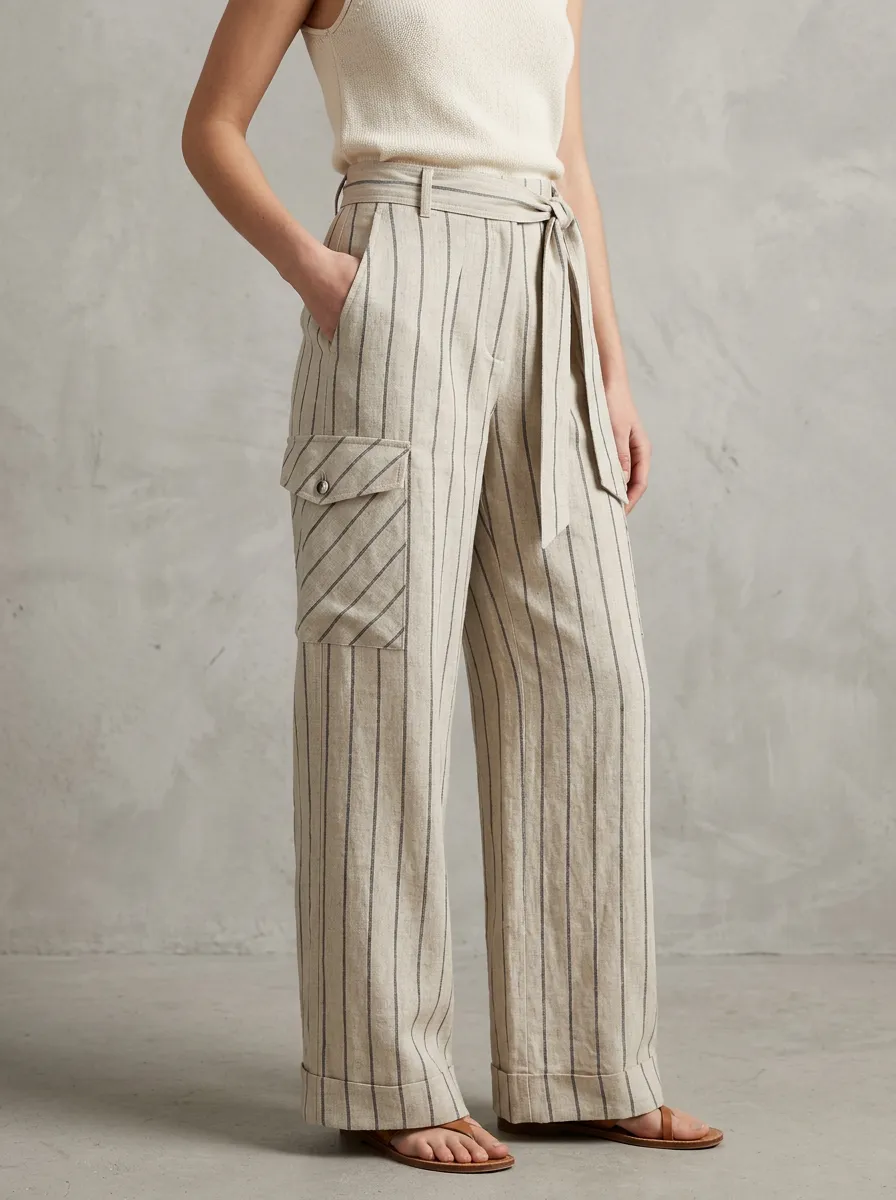 Women's Casual Fashion Striped Linen Printed Cargo Pants