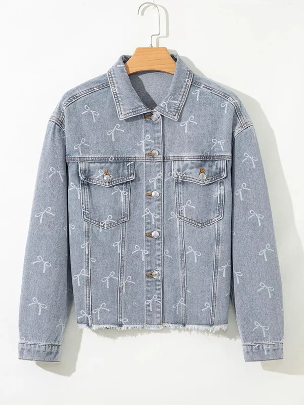 Bow Knot Print Light Wash Raw-Hem Denim Jacket