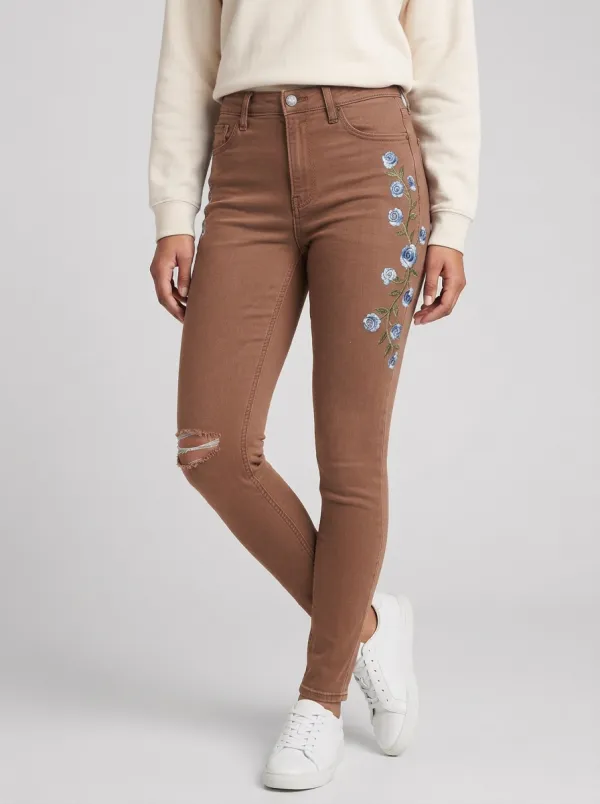 Women's Floral Blue Rose Embroidered Printed Slim Jeans