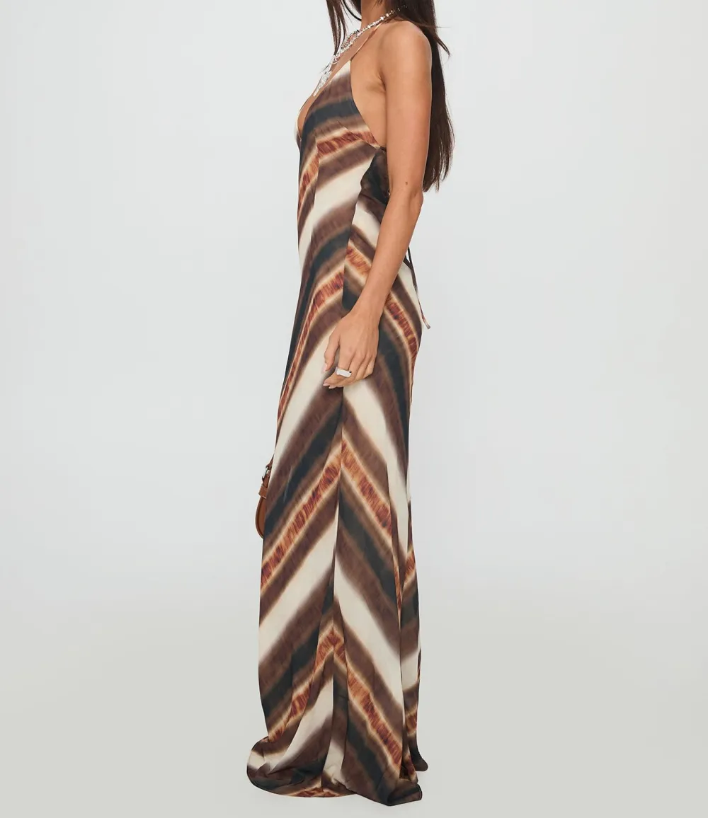 Brown Striped Halter Maxi Dress